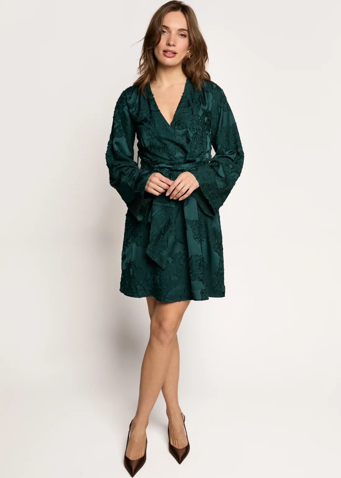Freebird Danina Gestructureerde Jurk - Teal Green volledige outfit
