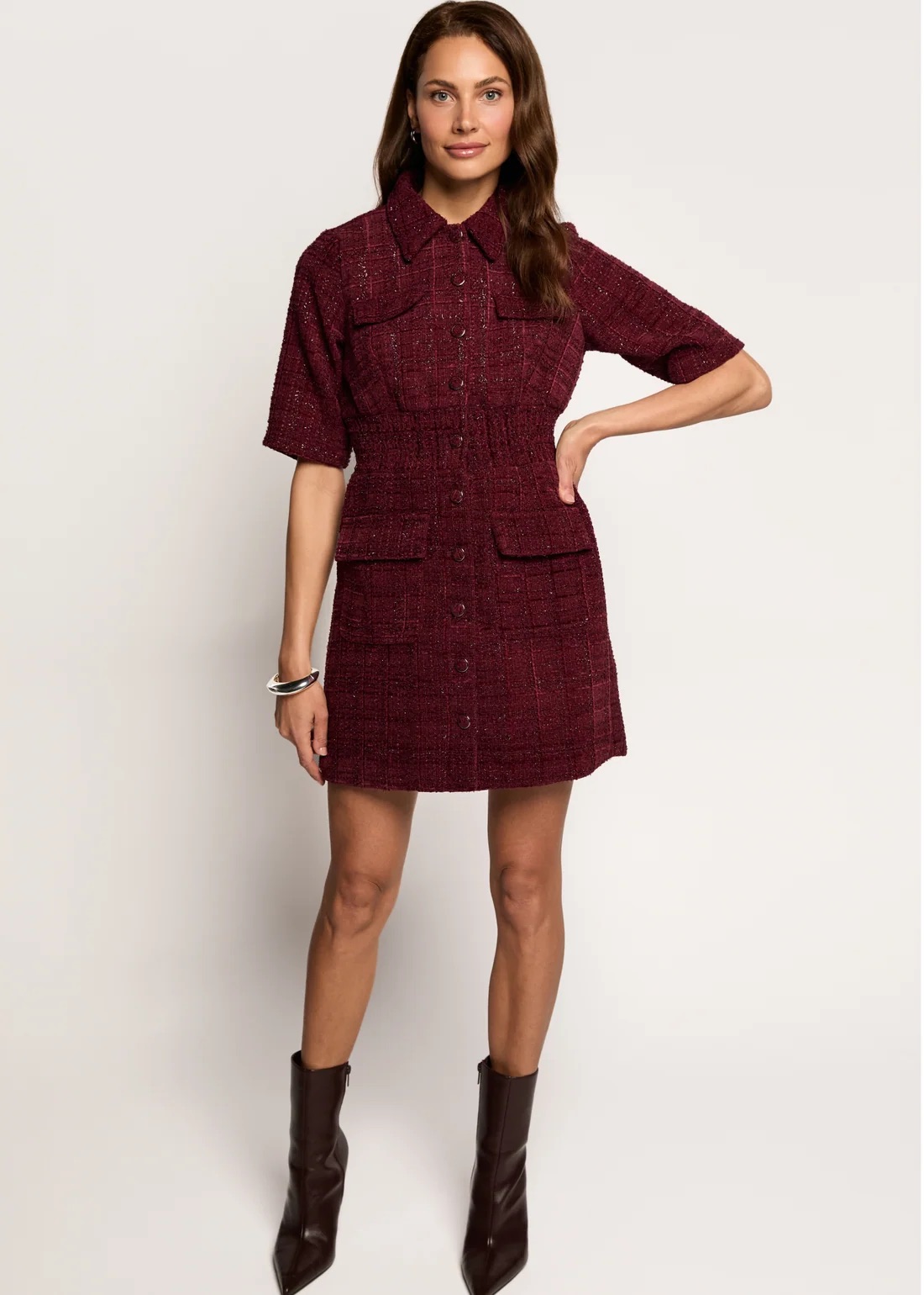 Freebird Deluxe Boucle Jurk - Burgundy volledige outfit
