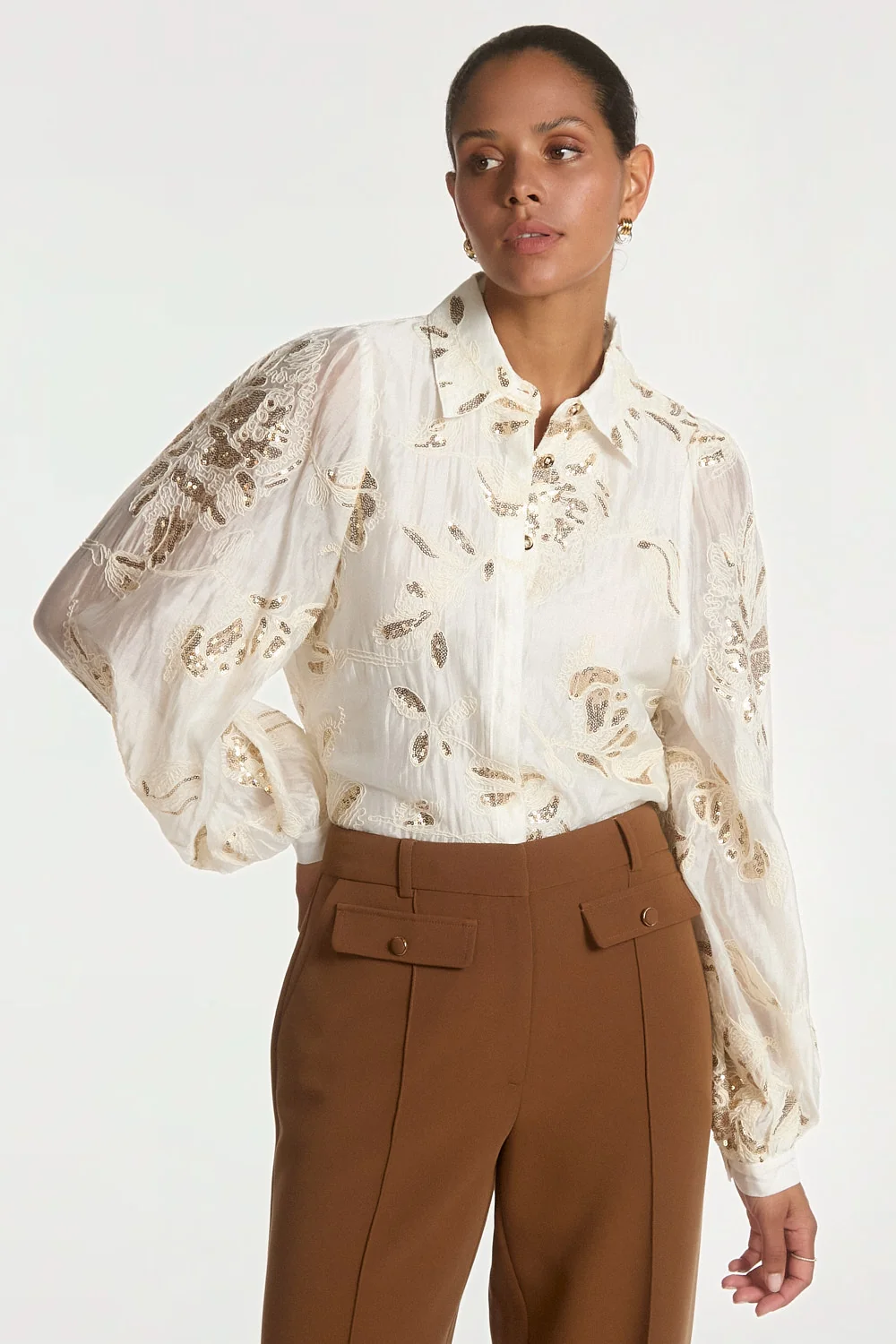 Aaiko Rose blouse crème met bruine broek