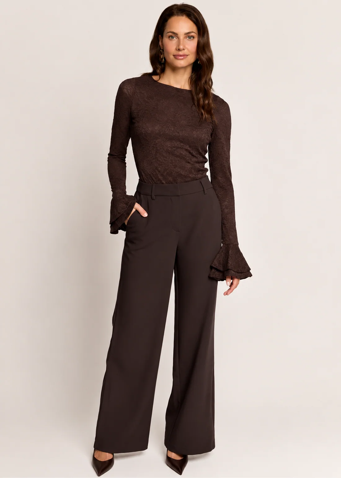 Freebird Lolani Wide Pants - Dark Chocolate met top