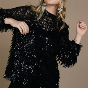 Freebird Taia Top in Zwart, close-up pailletten en franjes