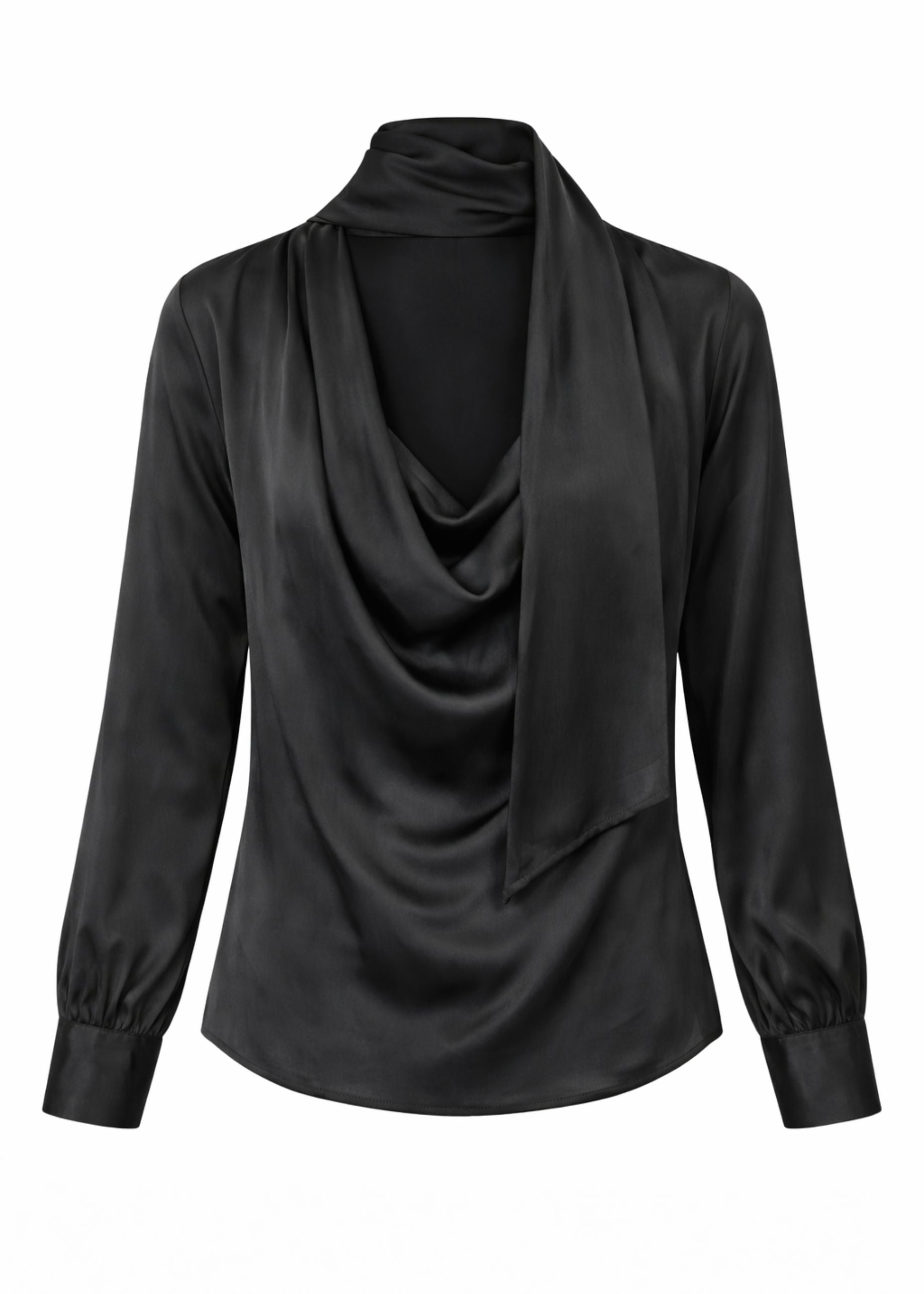 Freebird Teresa Blouse in Zwart, vrijstaand met watervalhals